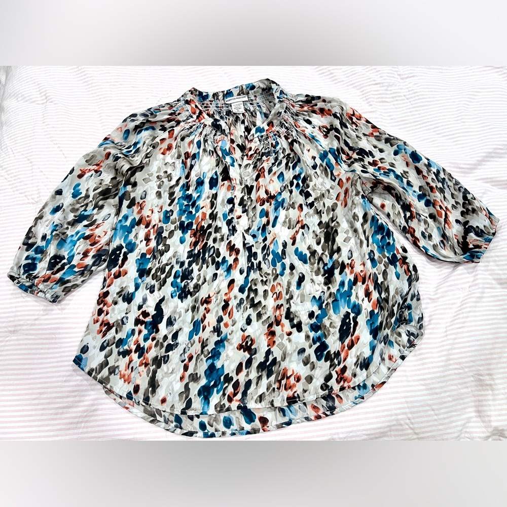 Rebecca Malone Blue and Black 3/4 Sleeve Blouse with Mandarin Collar